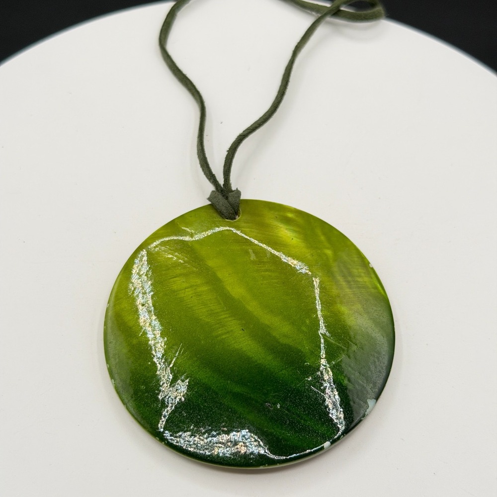 Green Shell Disc Pendant Necklace Mother of Pearl Suede Cord Boho Statement